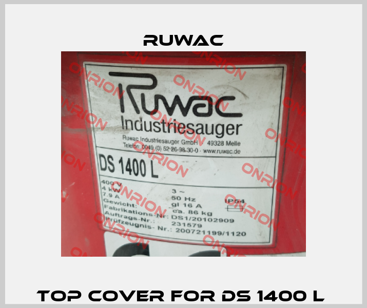 top cover for Ds 1400 L  Ruwac