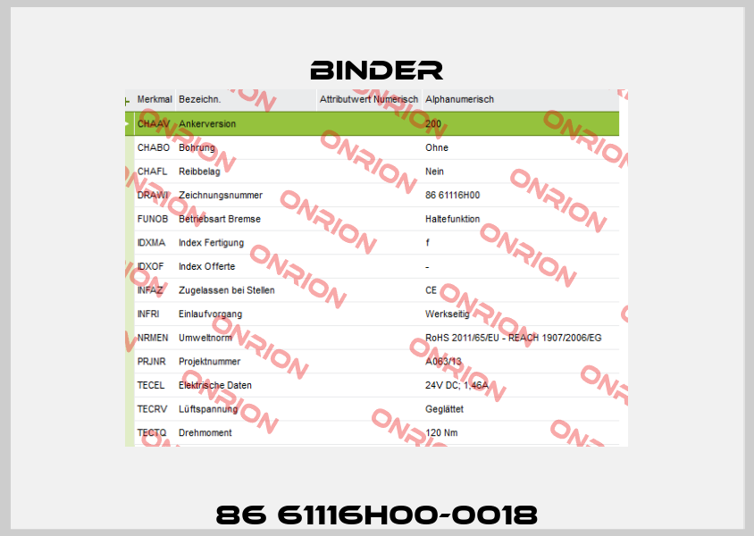 86 61116H00-0018 Binder