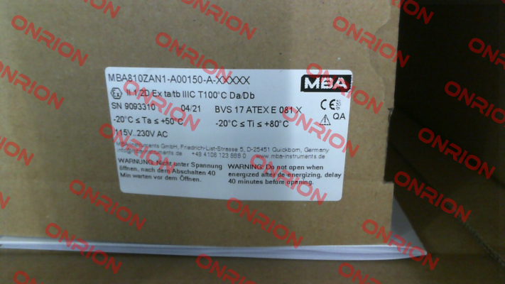 MBA810ZAN1-A00150-A-XXXXX (1213568) MBA Instruments