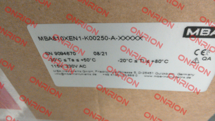 MBA810XEN1-K00250-A-XXXXX MBA Instruments